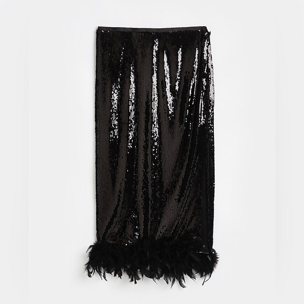 ***SOLD*** RIVER ISLAND Black Sequin Feather Trim Pencil Skirt - Picture 5 of 7